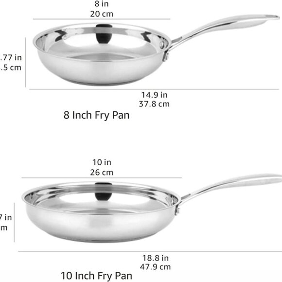 2-Piece Oven Safe, Stainless Steel Induction Frying Pan, Silver, 8" & 10" - Picture 7 of 9